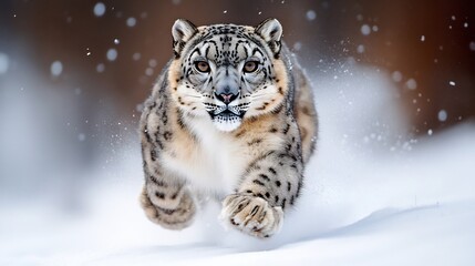Obraz premium A snow leopard stealthily moving across a snowy mountain ridge