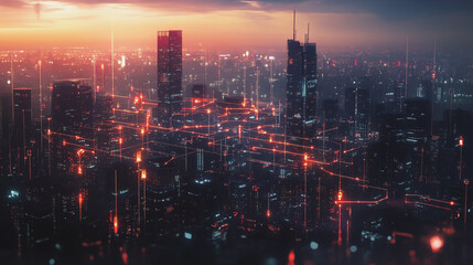 Fototapeta premium Smart digital Innovation city with connection network reciprocity over the twilight cityscape. of future smart wireless digital city and social media networking systems that connects people with city 