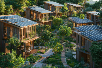 Fototapeta premium A sustainable eco-village with modern houses surrounded by lush greenery and solar panels.