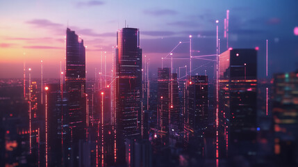 Smart digital Innovation city with connection network reciprocity over the twilight cityscape. of future smart wireless digital city and social media networking systems that connects people with city
