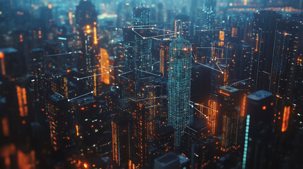 Fototapeta premium Smart digital Innovation city with connection network reciprocity over the twilight cityscape. of future smart wireless digital city and social media networking systems that connects people with city 