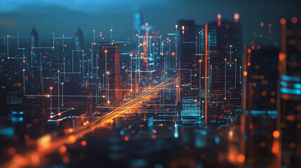 Obraz premium Smart digital Innovation city with connection network reciprocity over the twilight cityscape. of future smart wireless digital city and social media networking systems that connects people with city 