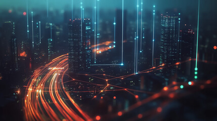 Smart digital Innovation city with connection network reciprocity over the twilight cityscape. of future smart wireless digital city and social media networking systems that connects people with city
