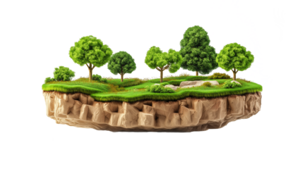 Floating island with lush green trees and grassy terrain for fantasy-themed designs and game development on transparent png background