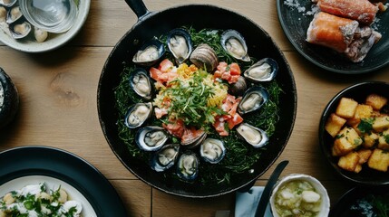 Clams Served on Seaweed with Soft Light Overhead