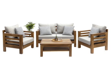 Modern wooden outdoor furniture set on transparent png background  with cushioned chairs, sofa, and coffee table for patio and garden decor