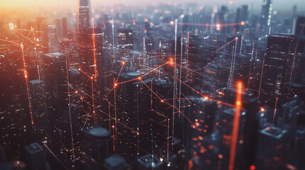 Fototapeta premium Smart digital Innovation city with connection network reciprocity over the twilight cityscape. of future smart wireless digital city and social media networking systems that connects people with city 