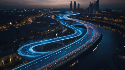 Smart digital Innovation city with connection network reciprocity over the twilight cityscape. of future smart wireless digital city and social media networking systems that connects people with city
