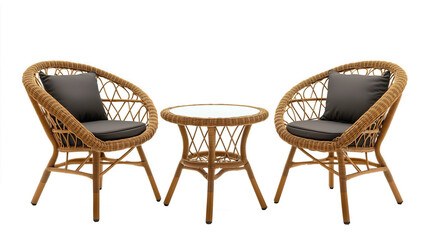 Isolated rattan patio furniture set with two chairs and round table on transparent background, outdoor wicker decor for summer design and lifestyle projects