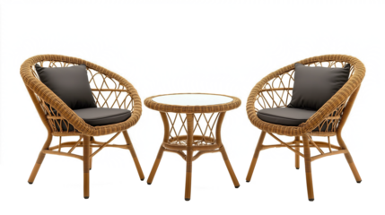Isolated rattan patio furniture set with two chairs and round table on transparent background, outdoor wicker decor for summer design and lifestyle projects