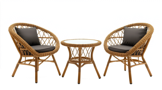 Isolated rattan patio furniture set with two chairs and round table on transparent background, outdoor wicker decor for summer design and lifestyle projects