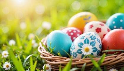 Colorful Easter eggs nestled in spring grass, festive celebration