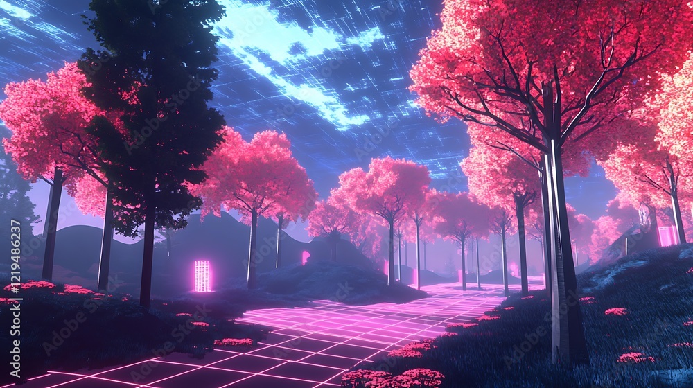 Poster a background featuring a virtual reality environment with holographic trees and a digital sky