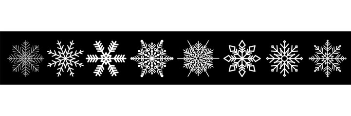 Collection of geometric snowflakes. Flat elements of different snowflake shapes. Set of snowflakes for holiday banner, postcard or decoration. New Year vector ornament.