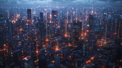 Fototapeta premium Smart digital Innovation city with connection network reciprocity over the twilight cityscape. of future smart wireless digital city and social media networking systems that connects people with city 