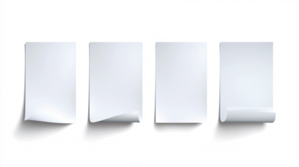 Set of blank curled paper sheets on transparent png background for mockups and stationery design projects