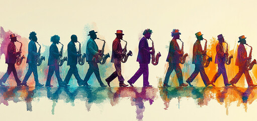 A musical gang with saxophones is walking along a festive street.