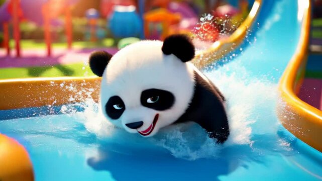 Animation of a panda sliding down a water slide