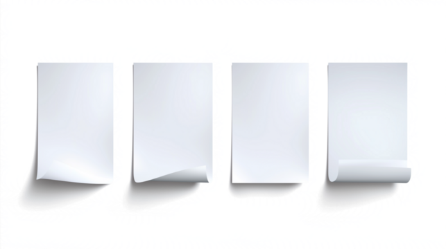 Set of blank curled paper sheets on transparent png background for mockups and stationery design projects