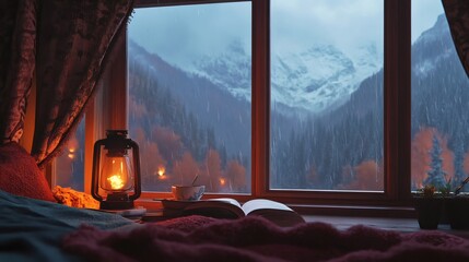 Relaxing rainy evening at home with book, tea and kerosene lantern