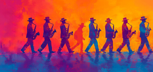 A musical gang with saxophones is walking along a festive street.