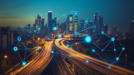 Fototapeta premium Smart digital Innovation city with connection network reciprocity over the twilight cityscape. of future smart wireless digital city and social media networking systems that connects people with city 