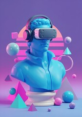 Futuristic bust with vr headset surrounded by geometric shapes in retro color palette