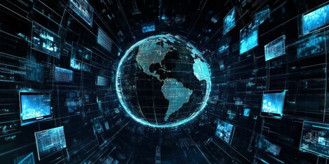 A digital globe surrounded by data streams, illustrating global connectivity and technology.