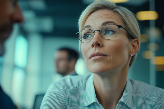 Woman discussing ideas with colleagues in an open office layout
