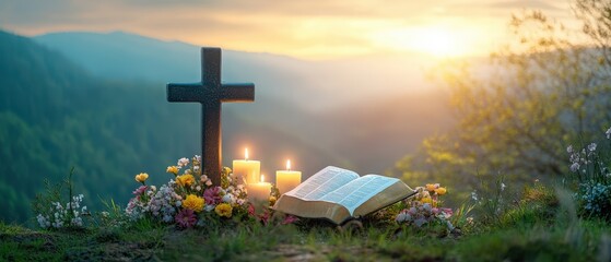 A cross and a book sit atop a hill surrounded by blooming flowers, symbolizing hope and renewal during Easter.