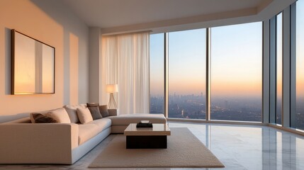 A modern living room with a large window showcasing a sunset view, featuring minimalist furniture and a cozy atmosphere.