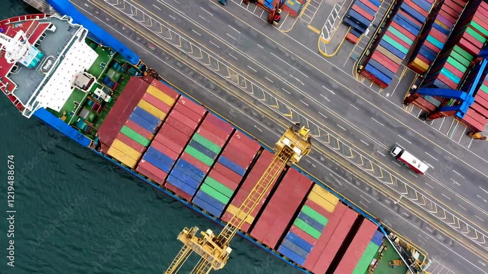 Poster Container ship navigating into bustling maritime port, revealing intricate global trade logistics and precise cargo handling operations at container terminal