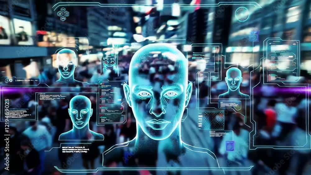 Poster artificial intelligence system is scanning and detecting people's faces in a crowded city street at 