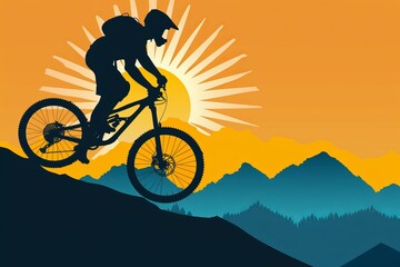 Obraz premium A silhouette of a male mountain biker riding uphill against a vibrant sunrise, showcasing determination and adventure in the great outdoors. stunt cycling