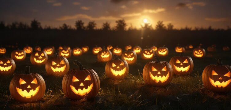 Glowing jack o lanterns scattered across a field, night scene, eerie