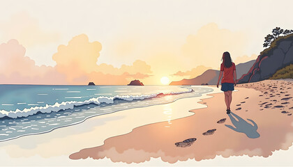 Fototapeta premium Woman walking along a sunset beach, perfect for travel blogs, wellness websites, or inspirational designs