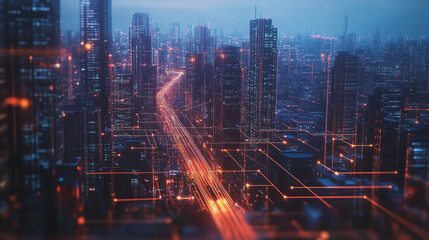 Fototapeta premium Smart digital Innovation city with connection network reciprocity over the twilight cityscape. of future smart wireless digital city and social media networking systems that connects people with city 