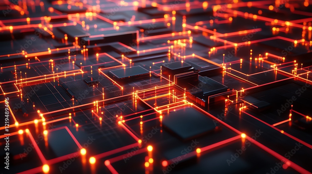 Poster a digital landscape with interconnected neon circuits and glowing nodes, representing a high-tech ne