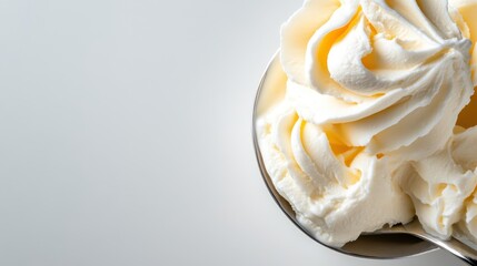 An enticing close-up of a spoonful of creamy ice cream, inviting the viewer to indulge in the sweet, rich flavors that await with each scoop.