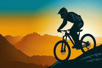Obraz premium Silhouette of a male mountain biker in action against a vibrant sunset backdrop filled with mountains. stunt cycling