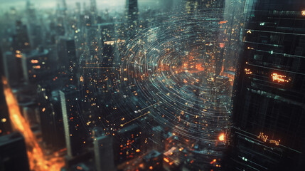 Fototapeta premium Smart digital Innovation city with connection network reciprocity over the twilight cityscape. of future smart wireless digital city and social media networking systems that connects people with city 