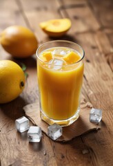 Fototapeta premium Glass of mango juice filled with ice cubes on a wooden table , ice, cooling, drink