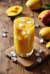 Fototapeta premium Glass of mango juice filled with ice cubes on a wooden table , beverage, wooden table