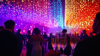 New Year's Eve party with people dancing, colorful lights, champagne glasses, glamorous setting  