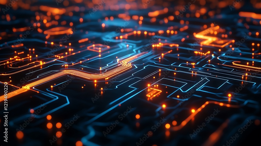 Poster a digital landscape with interconnected neon circuits and glowing nodes, representing a high-tech ne