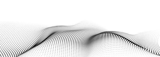 Wave of flowing particles on a white background. Abstract backdrop with dynamic elements of waves and dots. Vector 