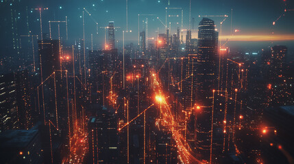 Fototapeta premium Smart digital Innovation city with connection network reciprocity over the twilight cityscape. of future smart wireless digital city and social media networking systems that connects people with city 