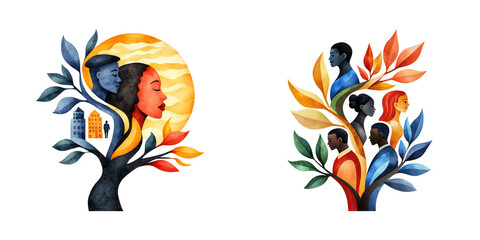 Obraz premium The image features vibrant, artistic representations of human faces intertwined with a tree, symbolizing growth and community.