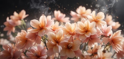 Gentle wisps of peach fuzz smoke caressing delicate flower petals, ethereal scene, gentle touch, peach fuzz smoke