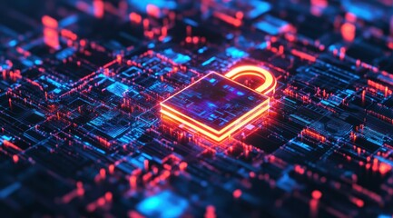 A digital padlock over a circuit board, symbolizing cybersecurity and data protection.